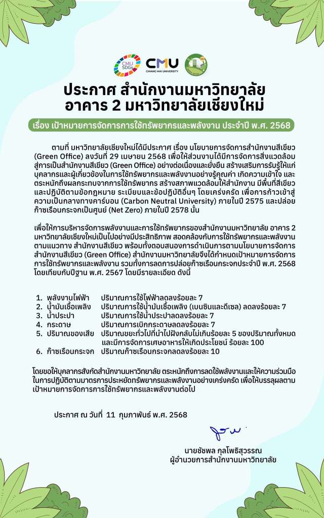 ประกาศสำนักงานมหาวิทยาลัย อาคาร 2 มหาวิทยาลัยเชียงใหม่ เรื่อง เป้าหมายการจัดการการใช้ทรัพยากรและพลังงาน ประจำปี พ.ศ. 2568