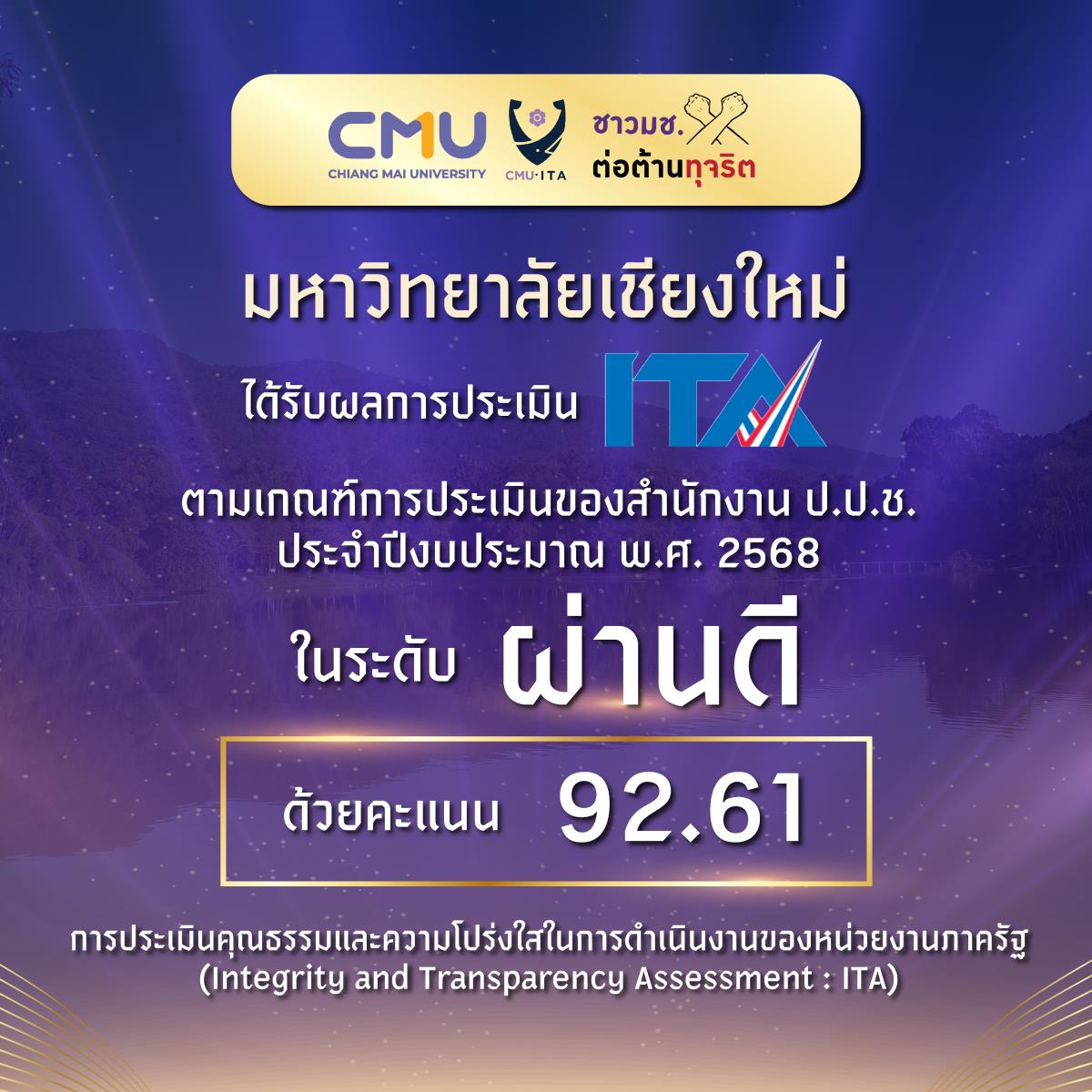 มช. ได้ผลการประเมิน ITA ระดับ “ผ่านดี” ตอกย้ำวัฒนธรรมองค์กรโปร่งใส ขับเคลื่อนอย่างยั่งยืน